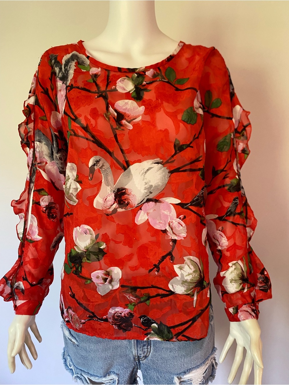 RW&CO. Orange Floral Swan Bunny Print Long-Sleeve Blouse with ruffle